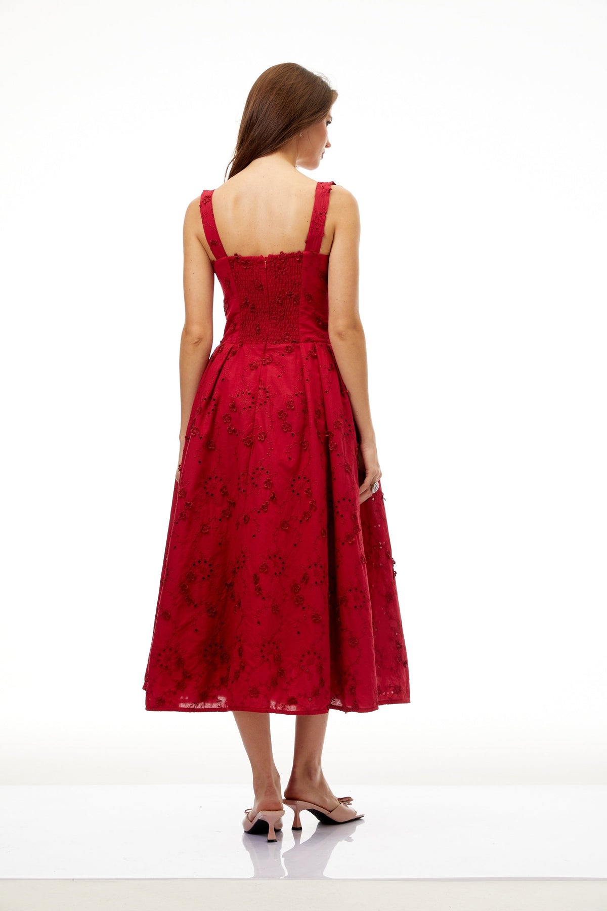 Panna Red Floral Embroidered Corset Midi Dress