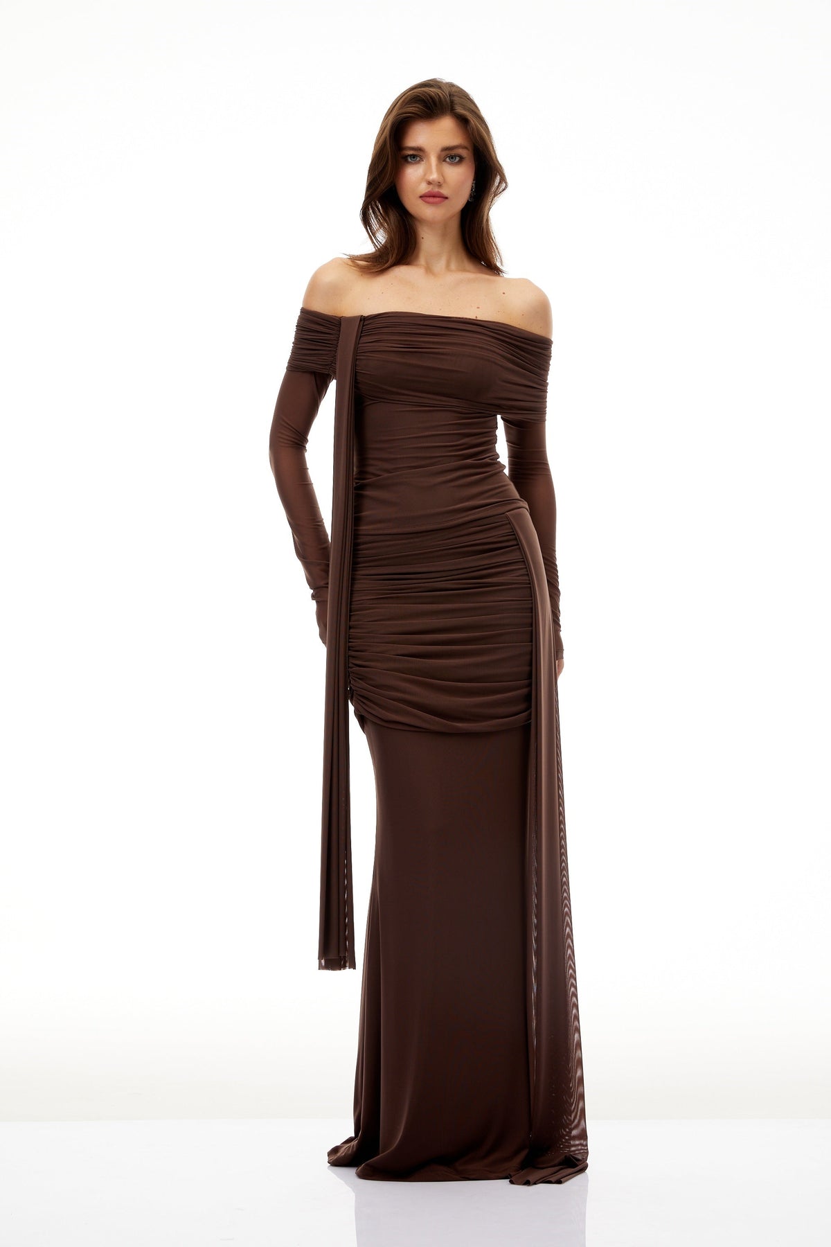 Hyacinthe Brown Asymmetrical Ruched Top & Skirt Set