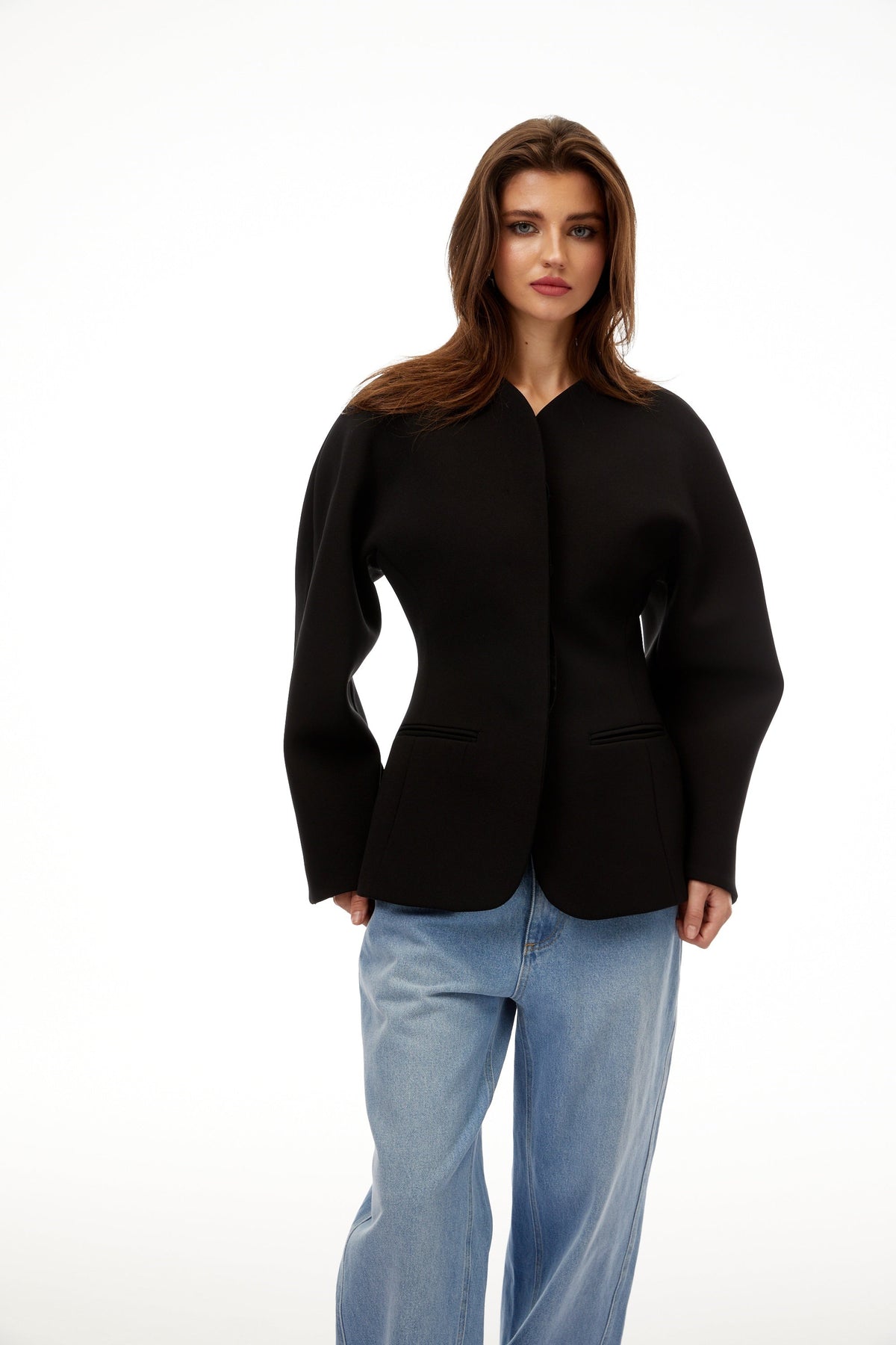Consuelo Black Collarless Peplum Waist Blazer - Black
