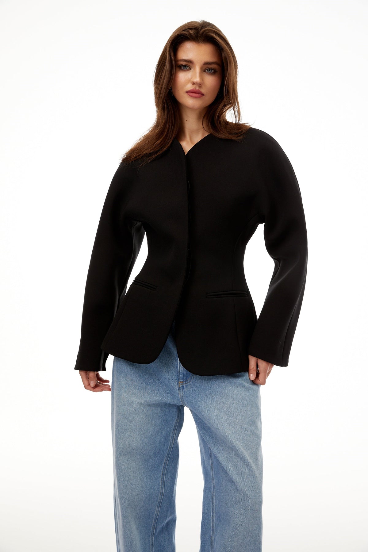 Consuelo Black Collarless Peplum Waist Blazer - Jet Black