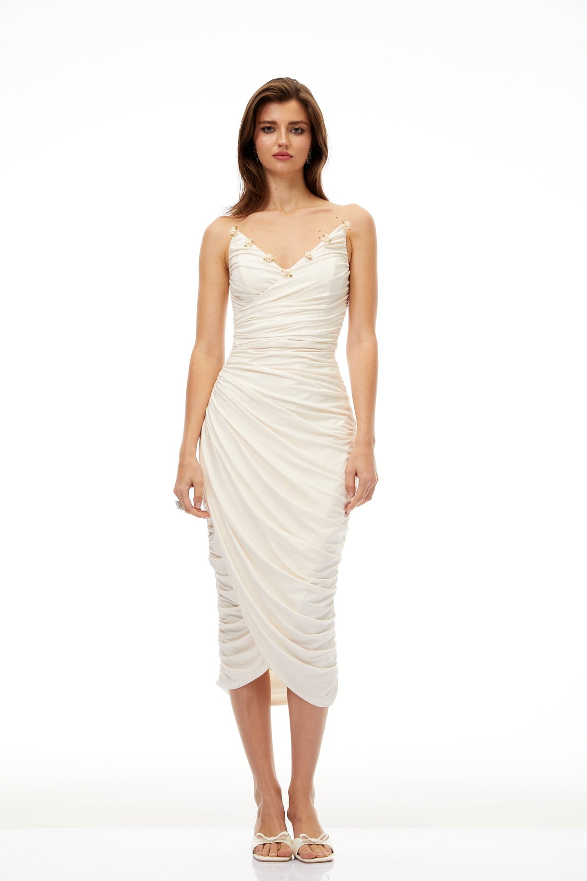 Geneviève White Floral Gathered Midi Bodycon Dress (Final Sale-US Only)