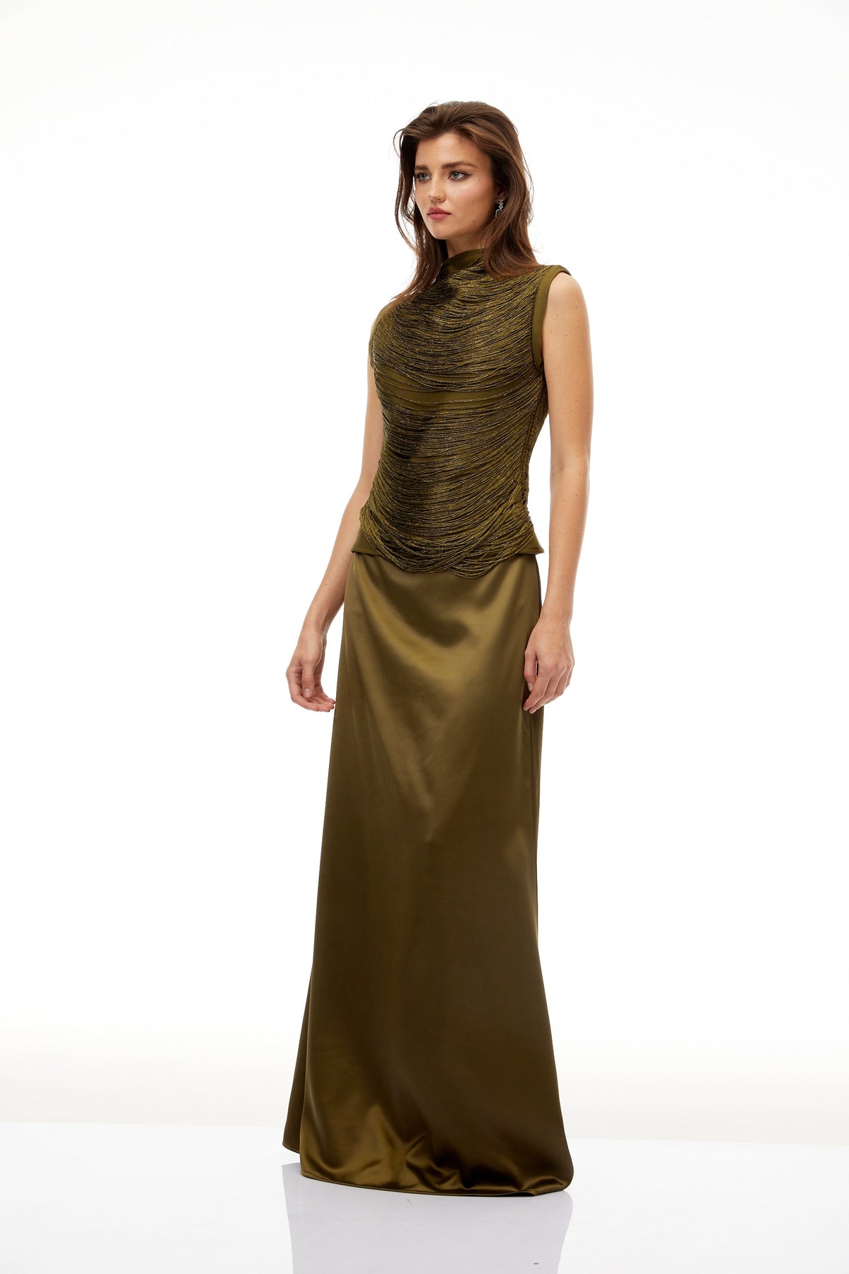 Borbála Green Fringed Top & Satin Skirt Set