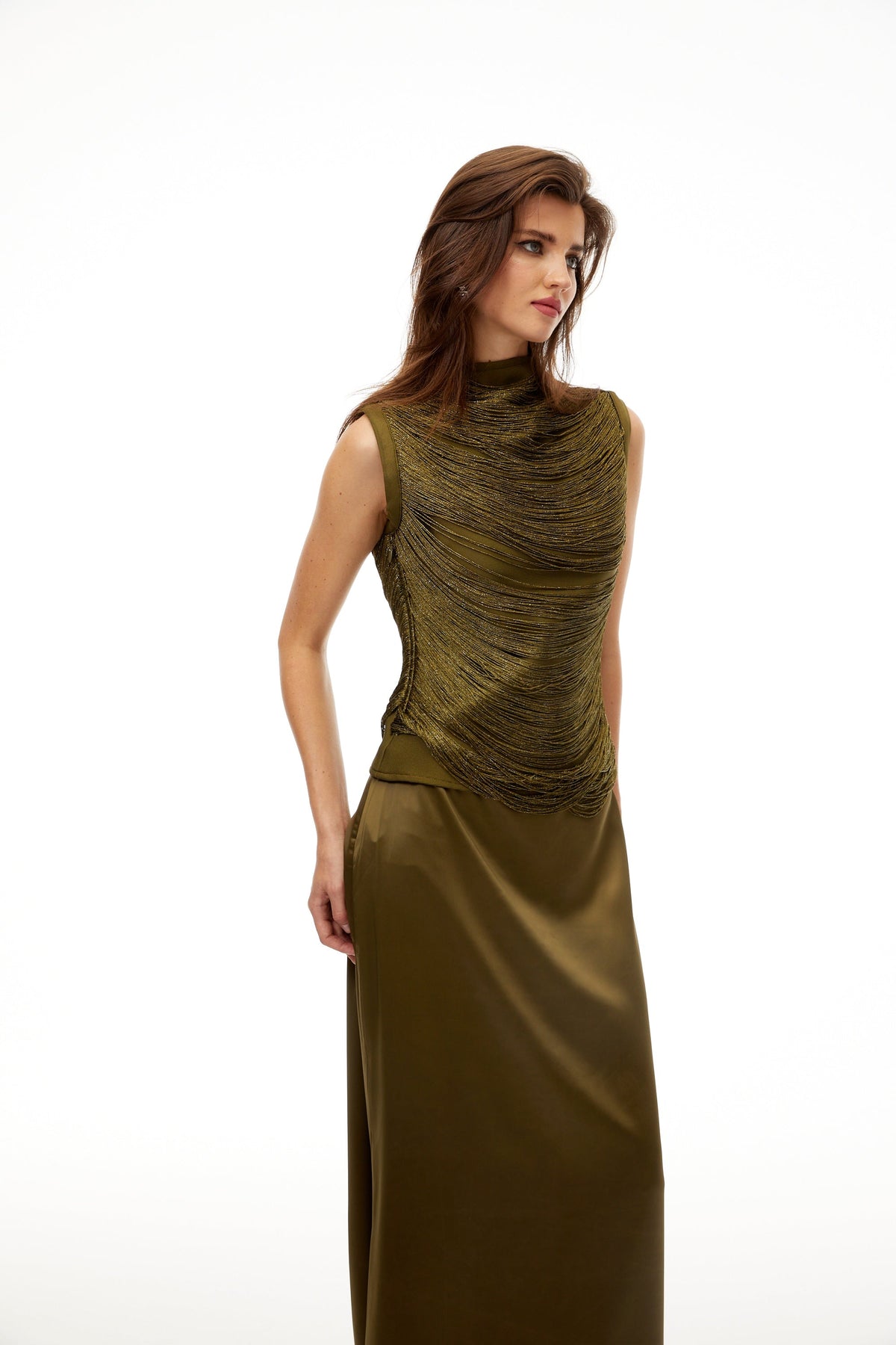Borbála Green Fringed Top & Satin Skirt Set