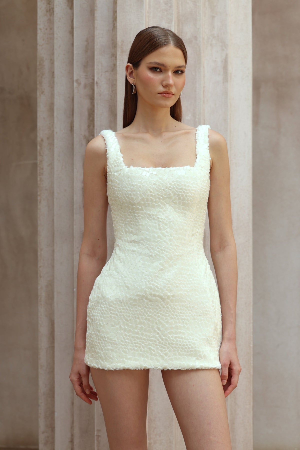 Angèle White Furry Snake Mini Bodycon Dress