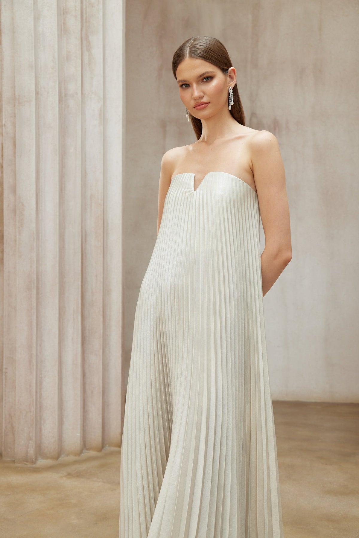 Satiné Gold Fully-pleated Maxi Dress (Final Sale-US Only)