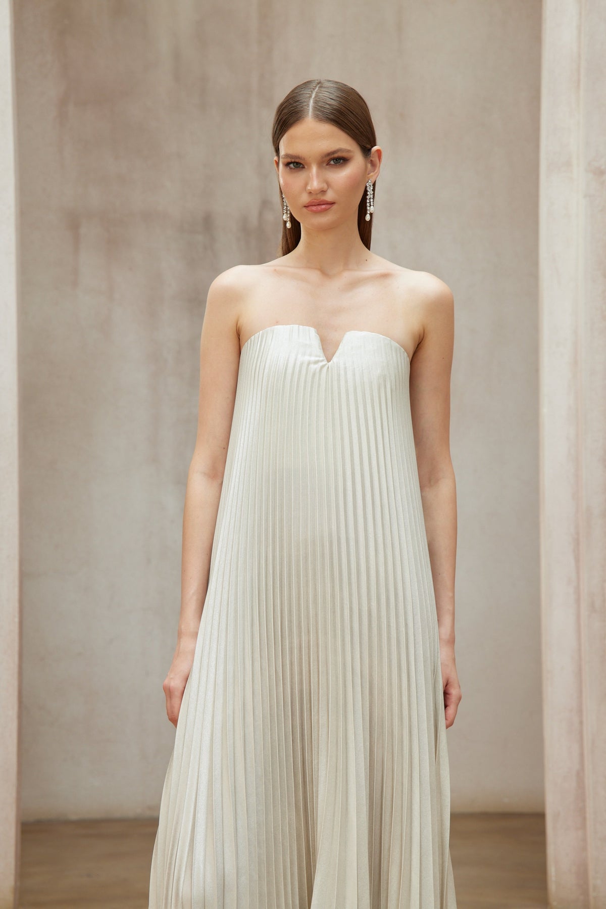 Satiné Gold Fully-pleated Maxi Dress