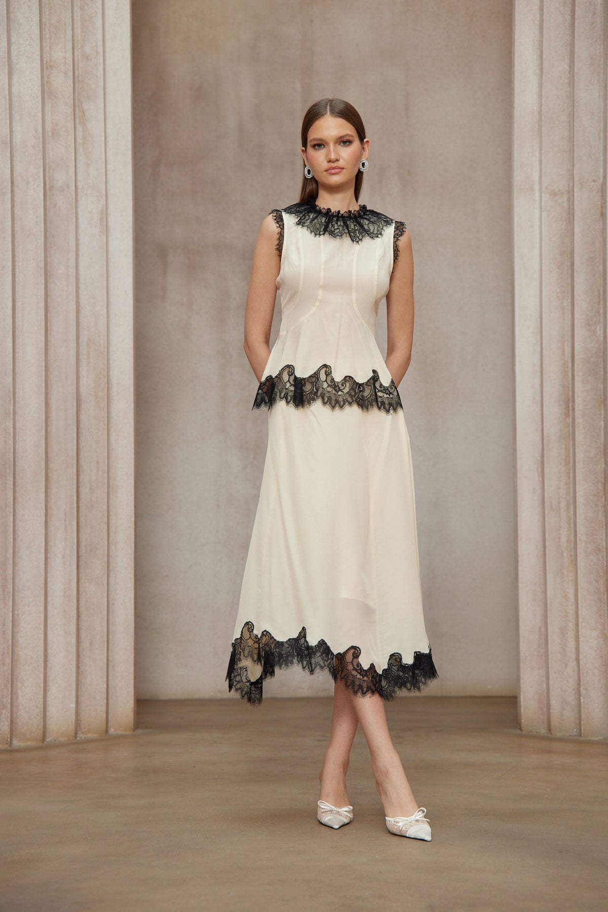 Zsófia Neutral Lace Panel Chiffon Top & Skirt Matching Set