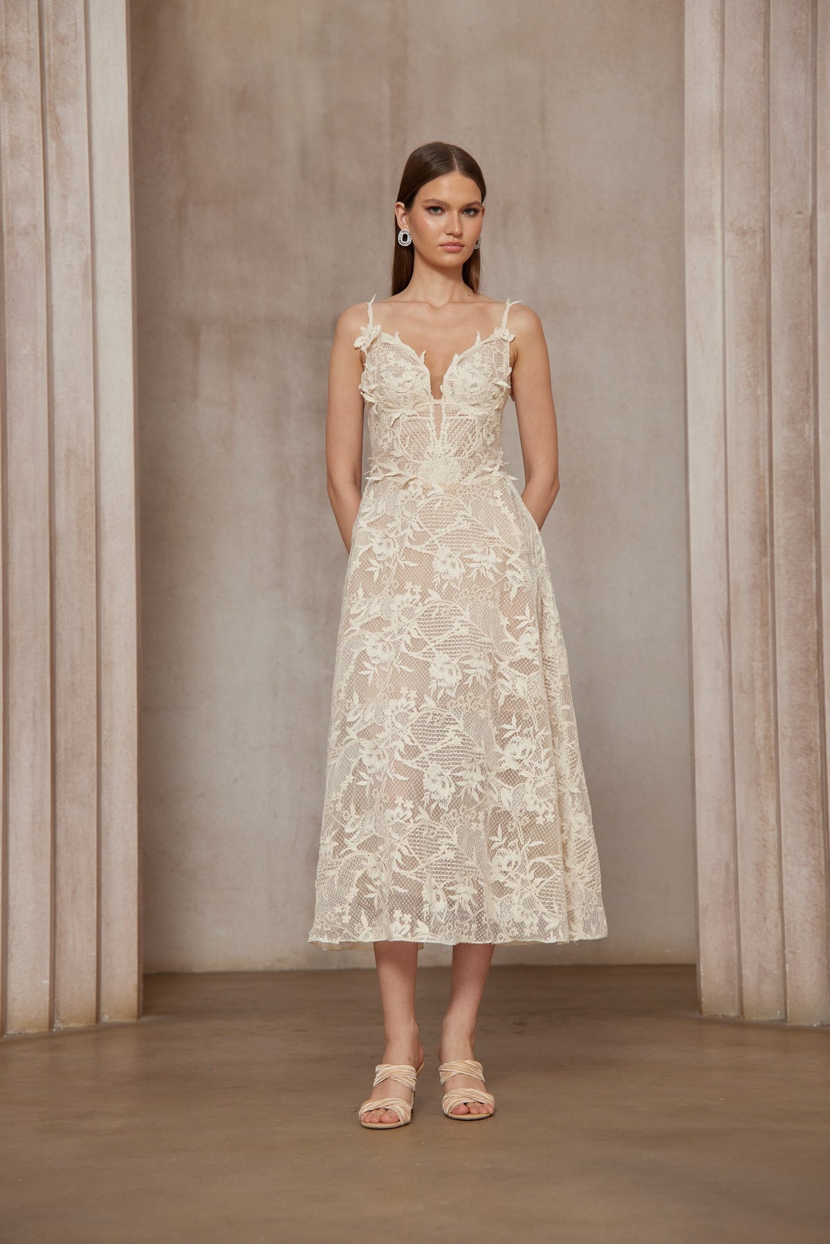 Amber White Sleeveless Floral Lace Midi Dress