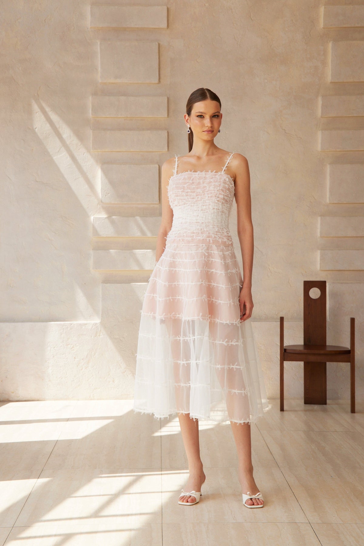 Eléonore White Creased Tulle Midi Dress