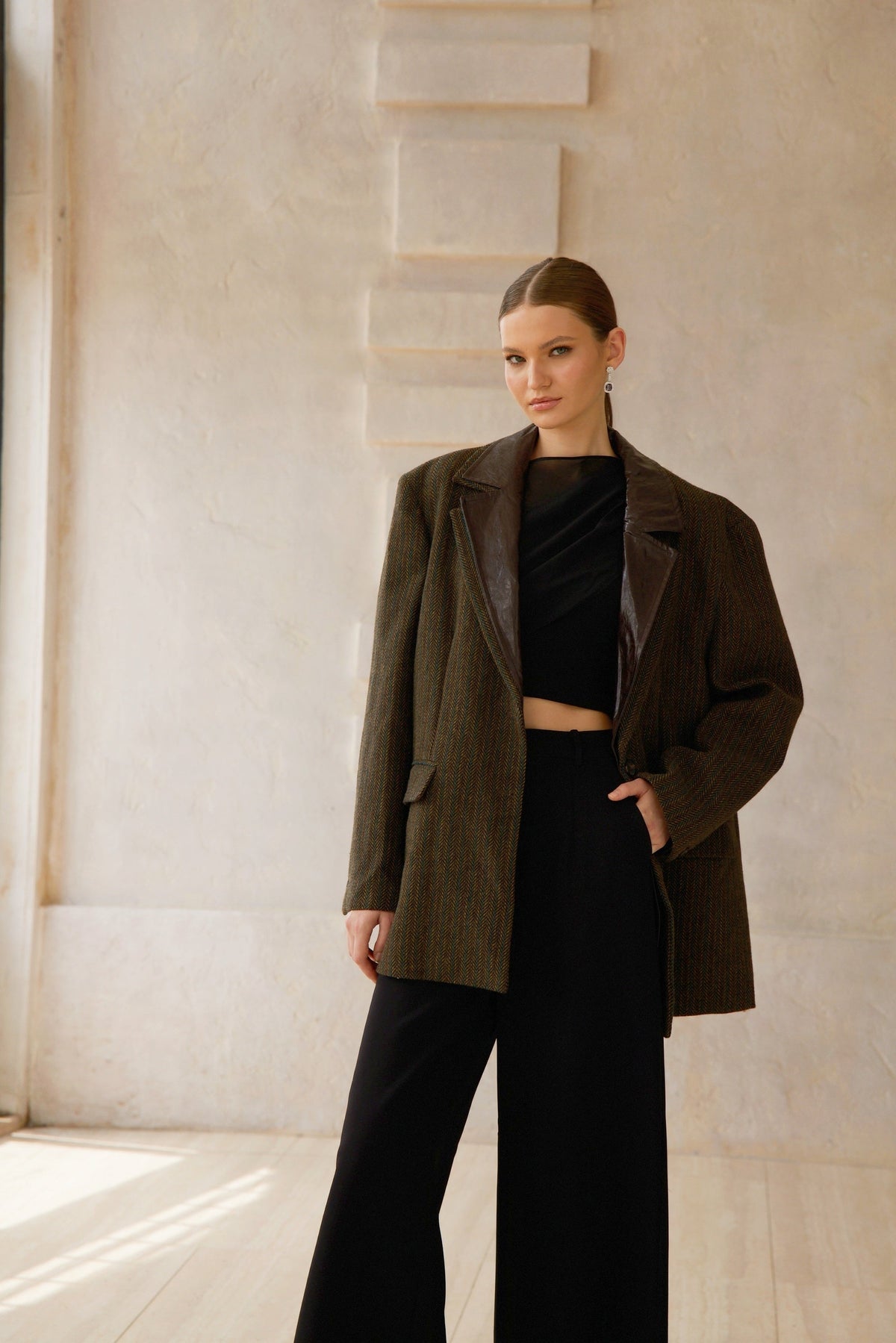 Amber Brown Leather Panel Herringbone Tweed Blazer
