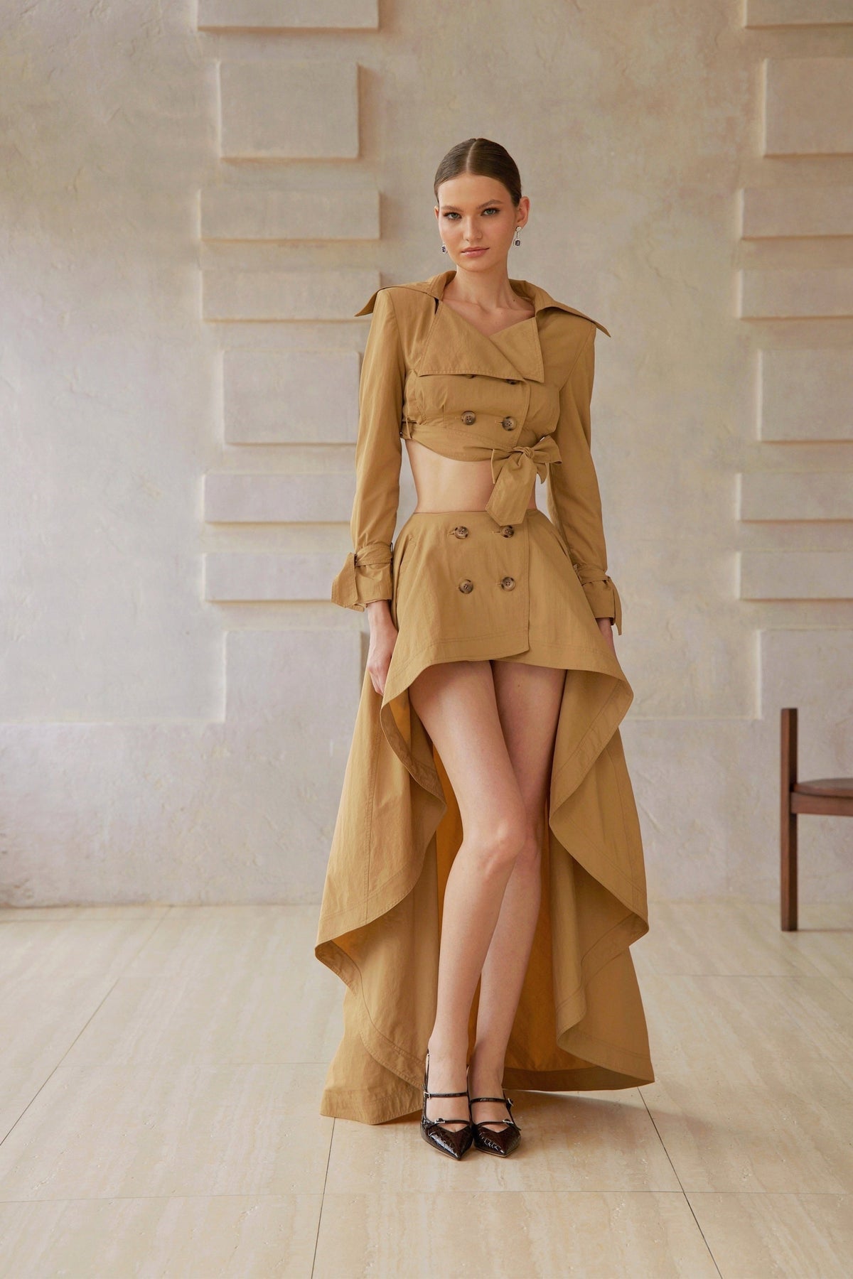 Maelle Khaki Cropped Trench Jacket & Skirt Matching Set