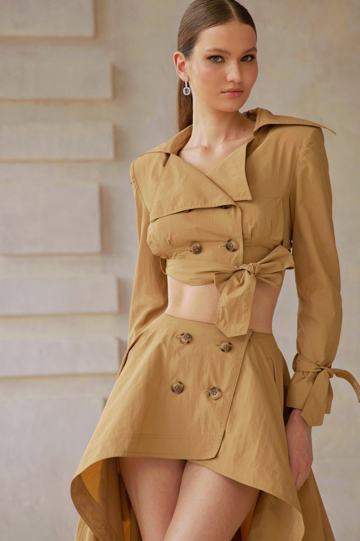 Maelle Khaki Cropped Trench Jacket & Skirt Matching Set