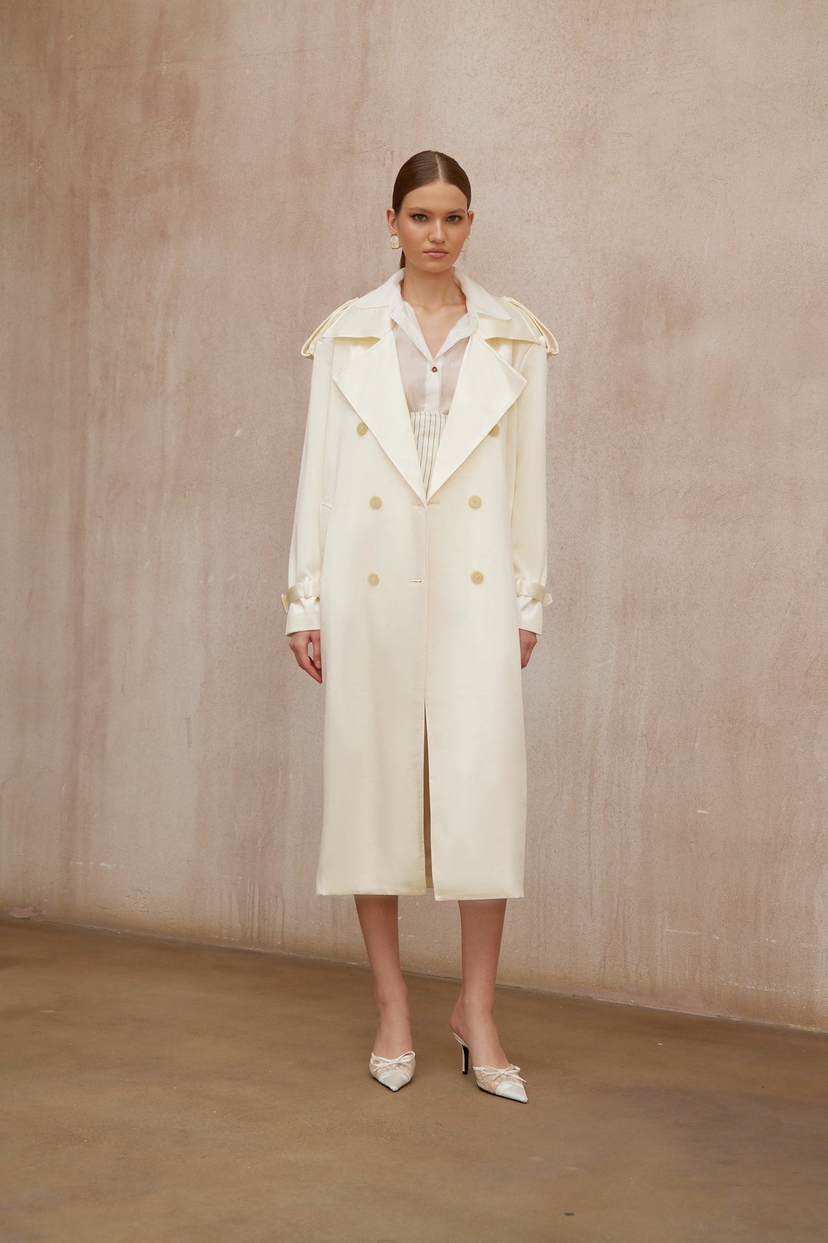 Amélie Cream White Satin Long Trench Coat - Cream white