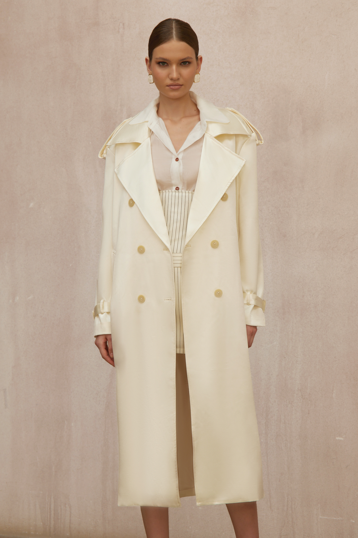 Amélie Cream White Satin Long Trench Coat - Cream white