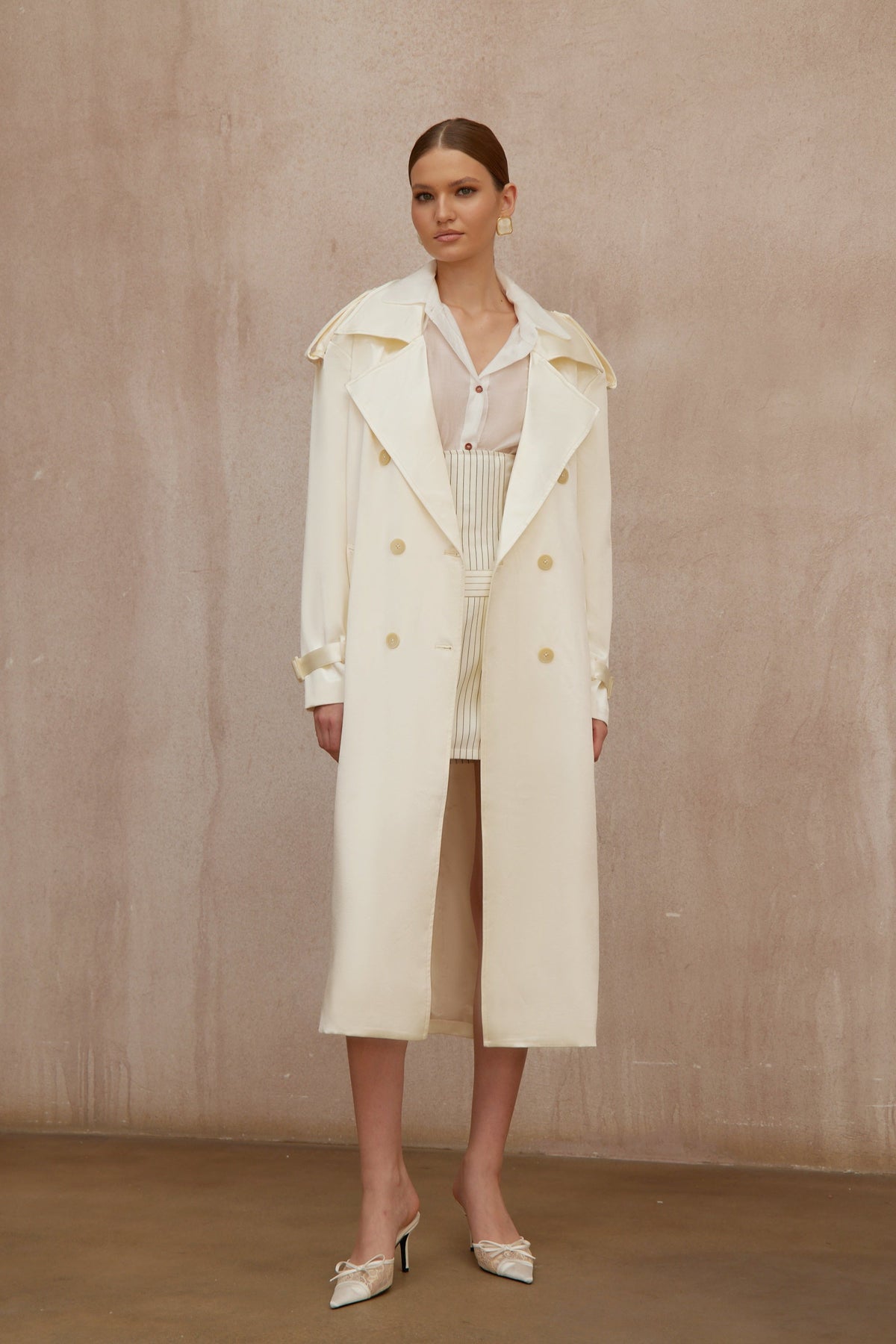Amélie Cream White Satin Long Trench Coat - Cream white