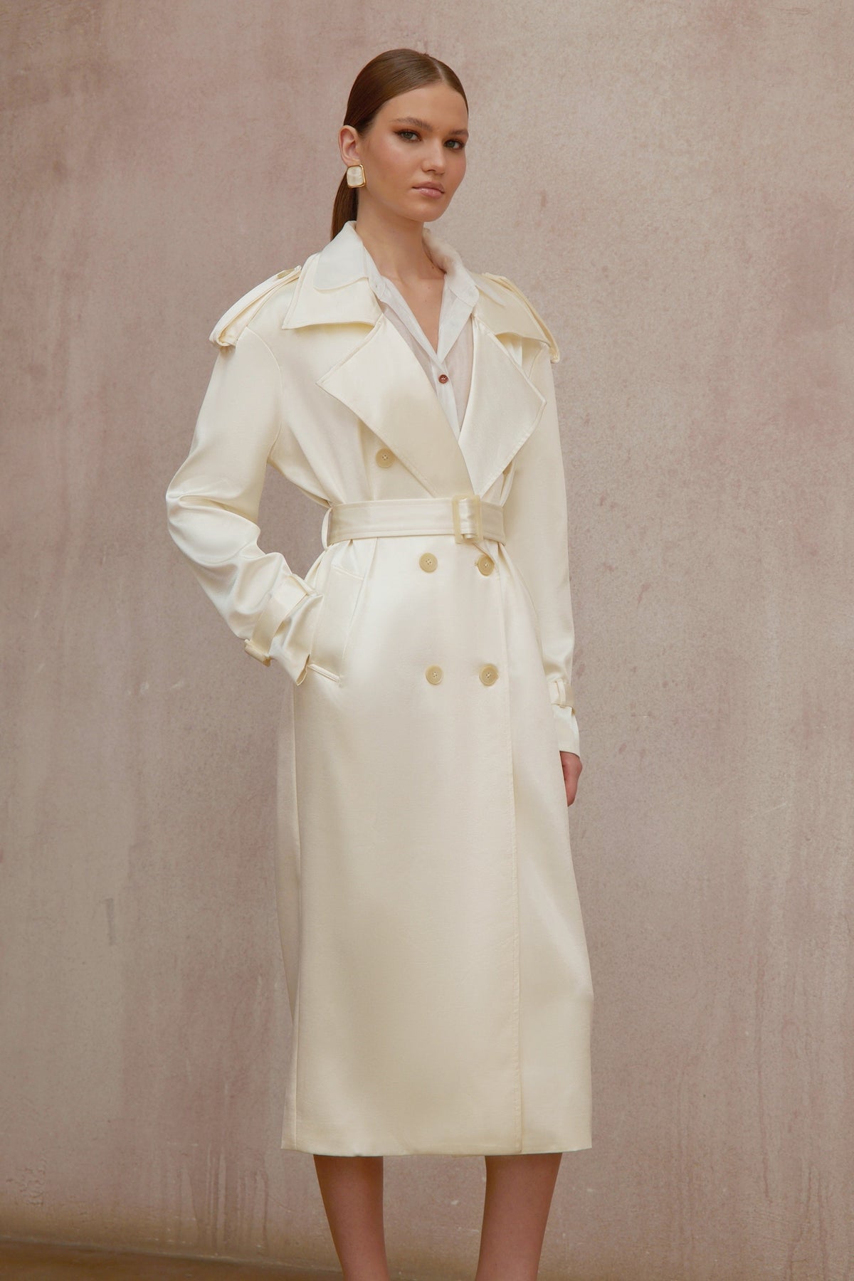 Amélie Cream White Satin Long Trench Coat - Cream white