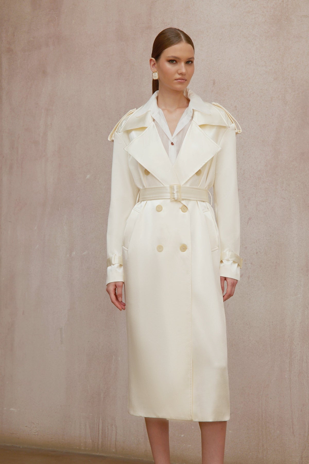 Amélie Cream White Satin Long Trench Coat - Cream white