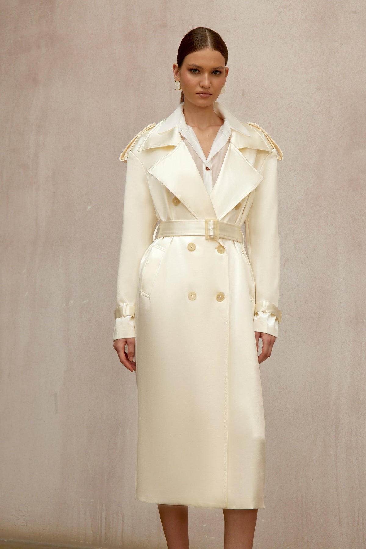 Amélie Cream White Satin Long Trench Coat - Cream white