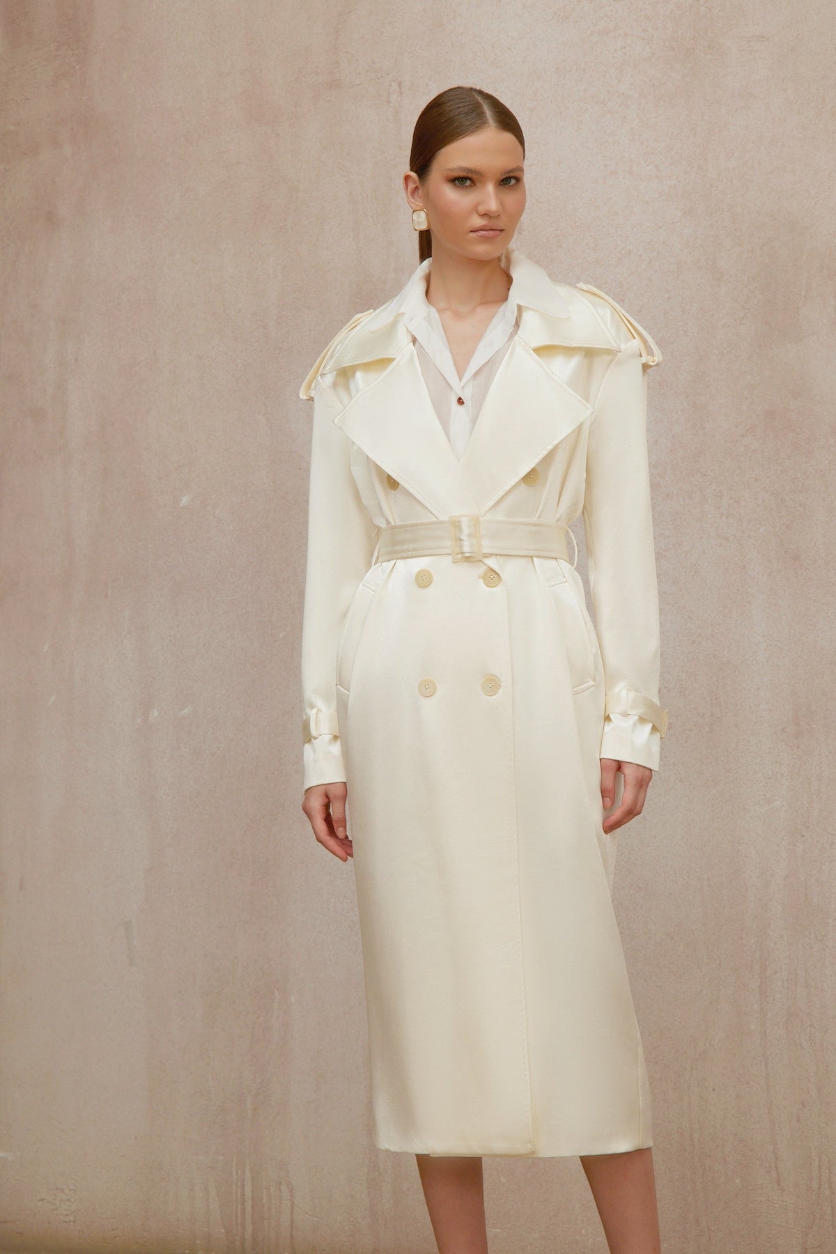 Amélie Cream White Satin Long Trench Coat - Cream white