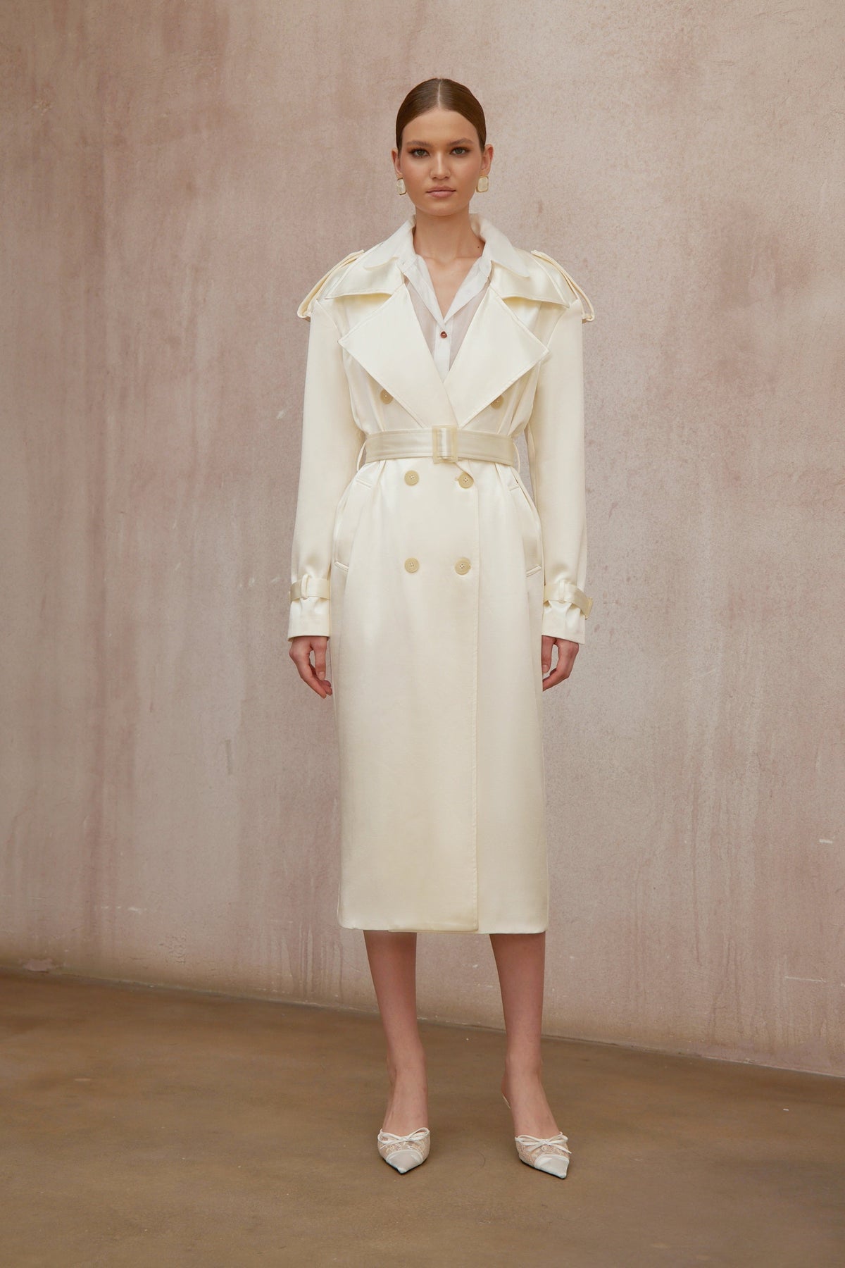 Amélie Cream White Satin Long Trench Coat - Cream white