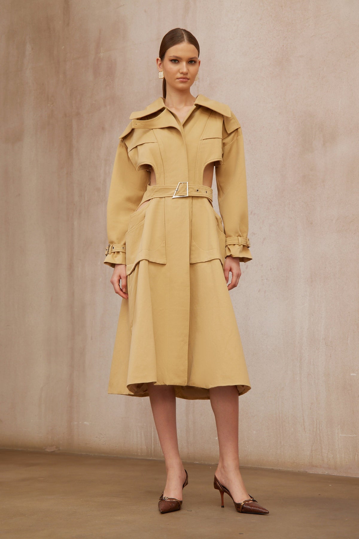 Pilar Neutral Cut Out Belted Long Trench Coat