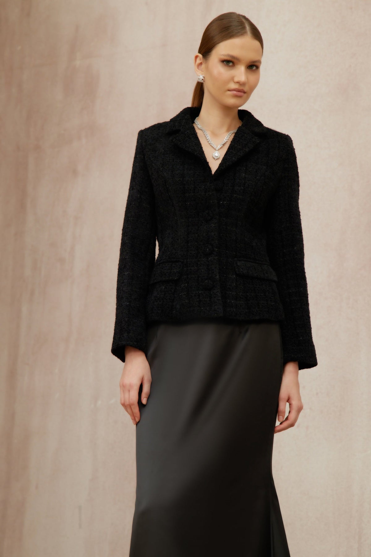 Ariadna Black Tweed Jacket & Satin Skirt Set