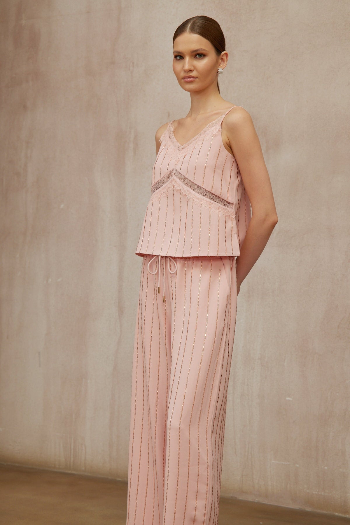 Quincie Pink Rhinestone Striped Top & Trousers Set
