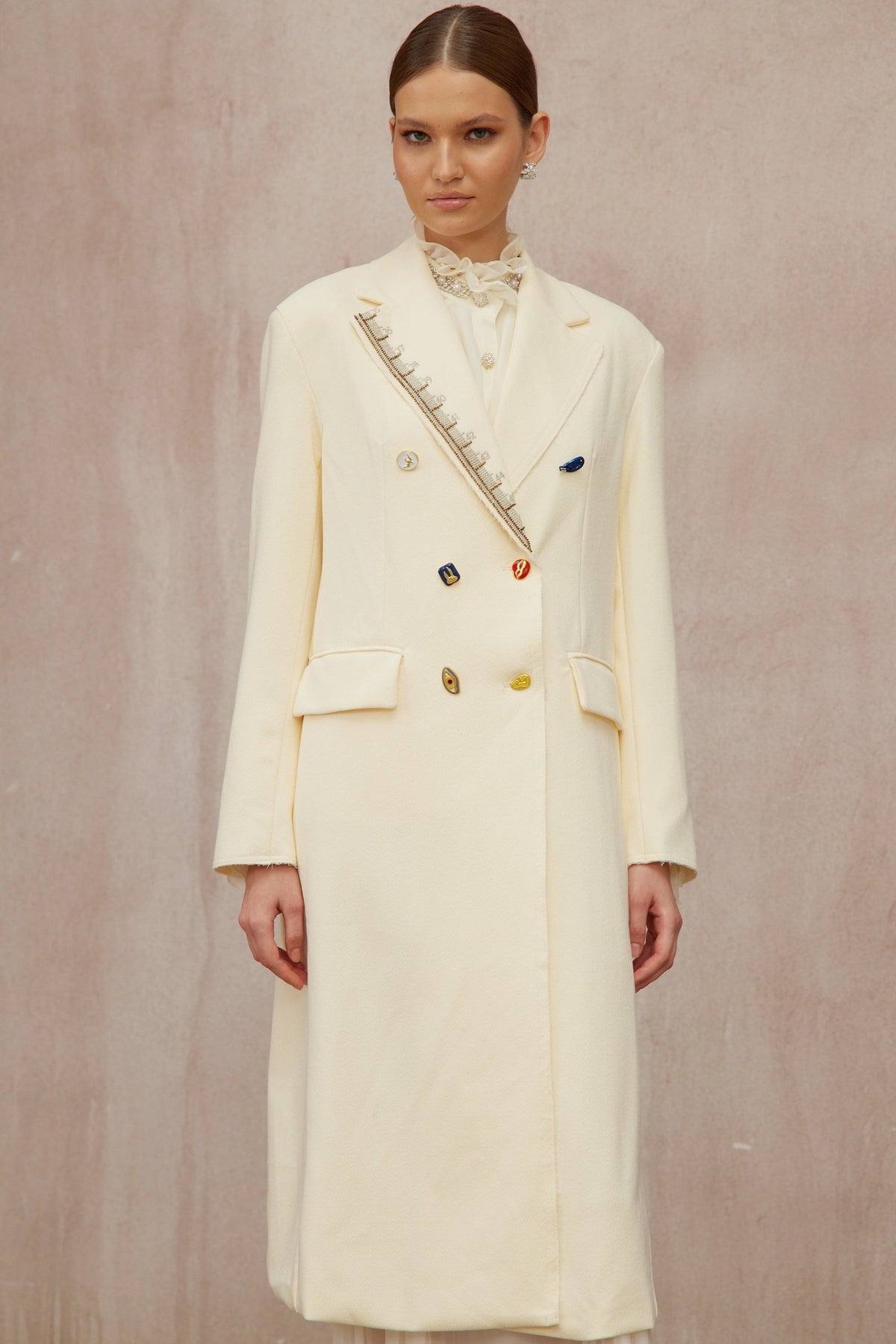 Alexa White Embroidered Double-Breasted Overcoat - Off white