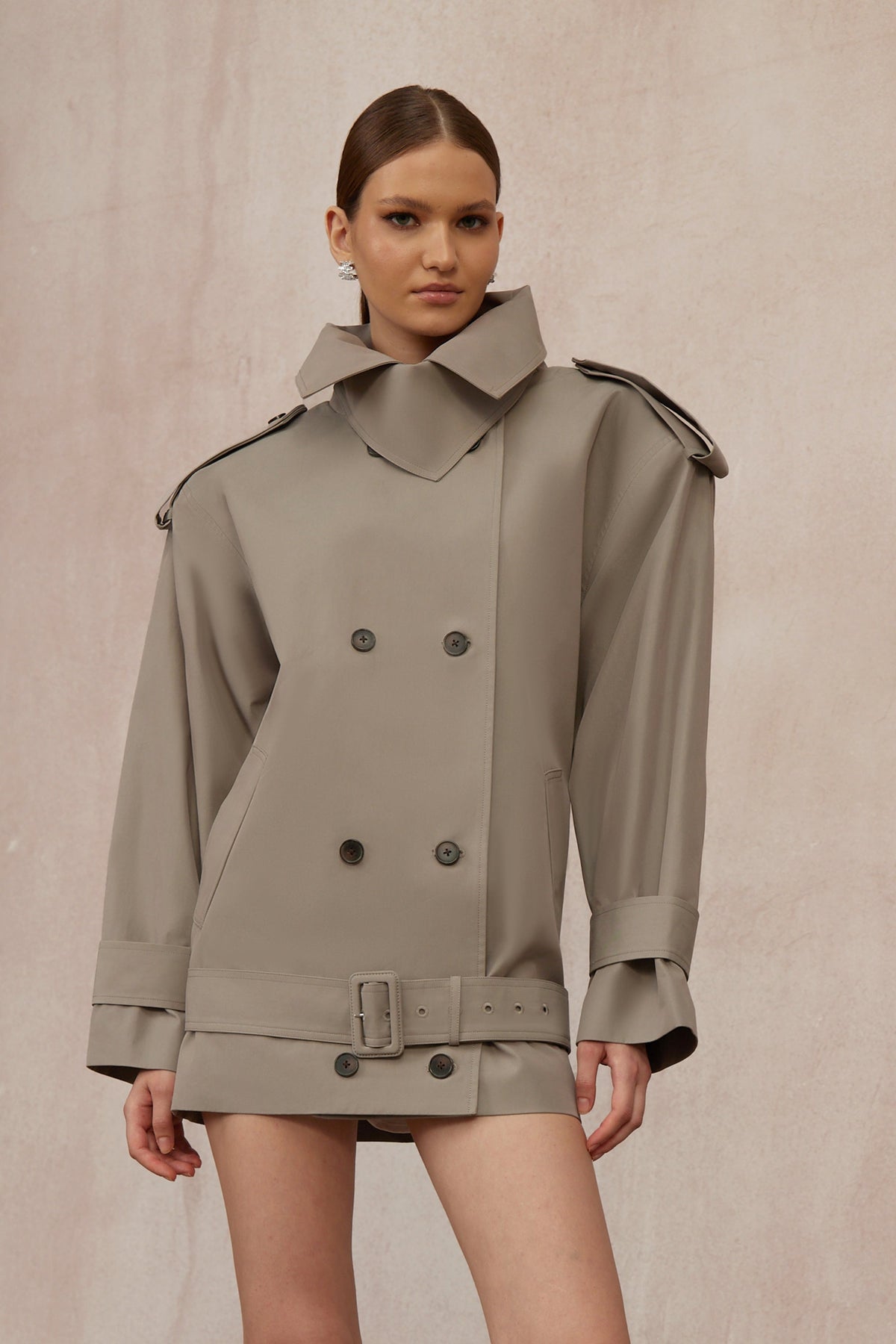 Mavis Grey Double-Breasted Belted Trench Coat