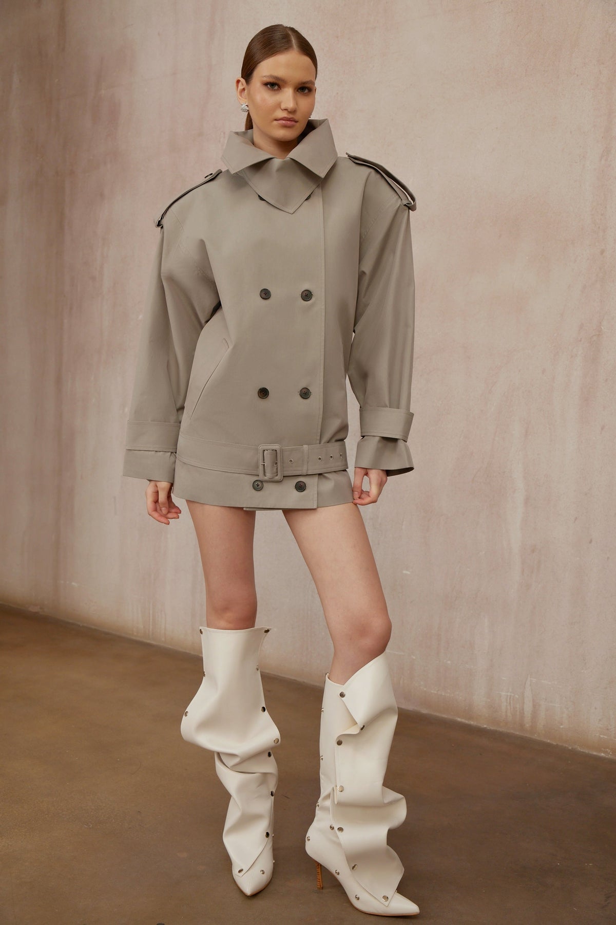 Mavis Grey Double-Breasted Belted Trench Coat - grey