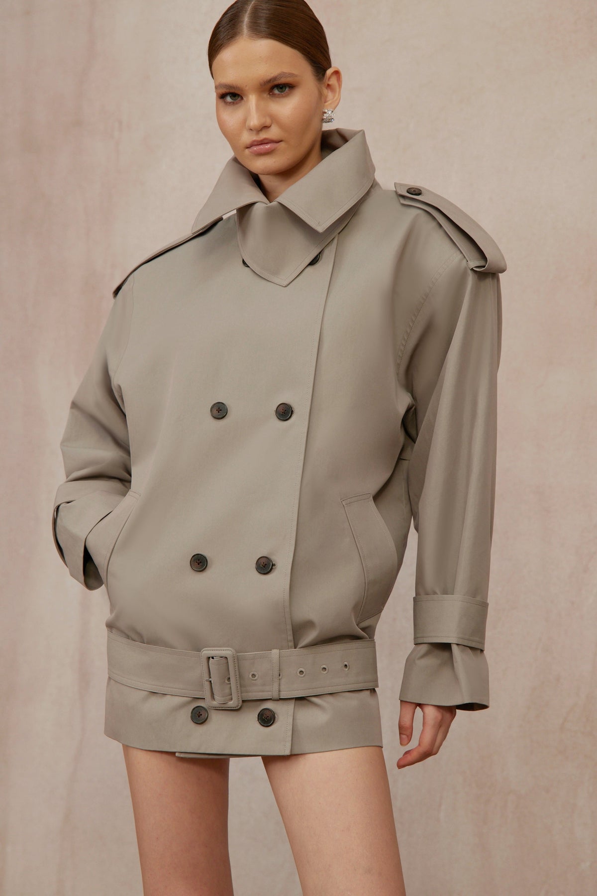Mavis Grey Double-Breasted Belted Trench Coat - grey