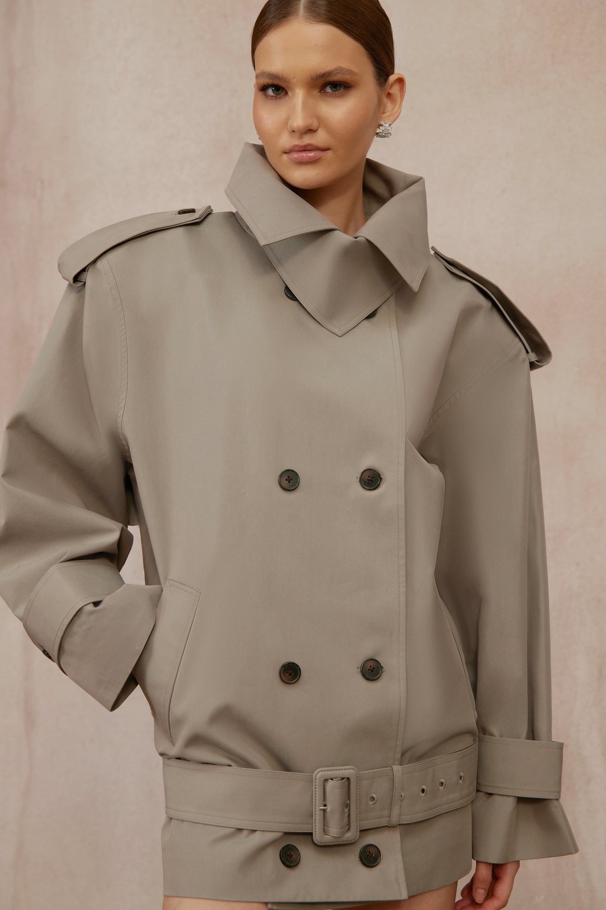 Mavis Grey Double-Breasted Belted Trench Coat - grey