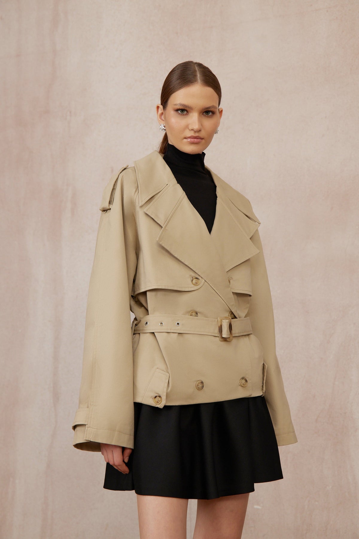 Sandra Khaki Double-Breasted Short Trench Coat