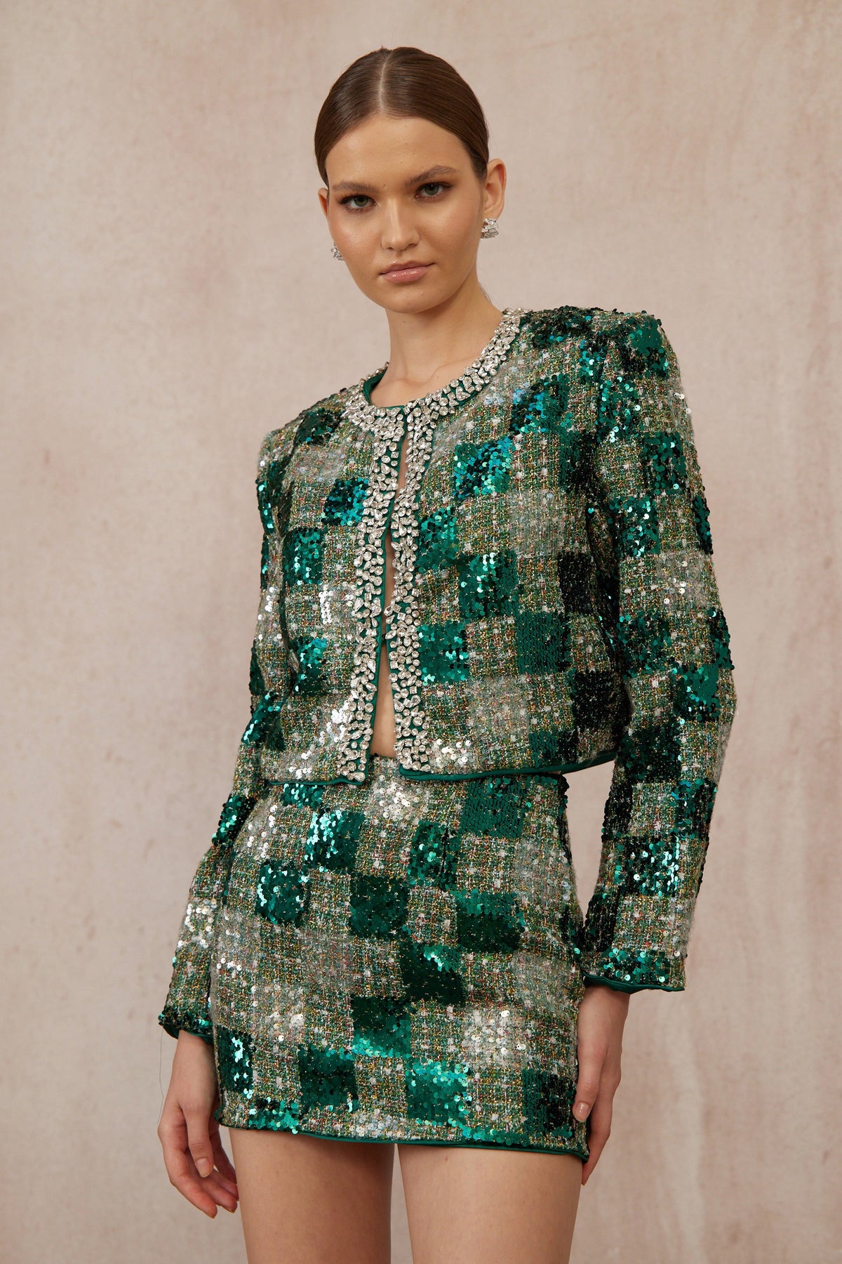Raphaëlle Green Embellished Checked Tweed Matching Set