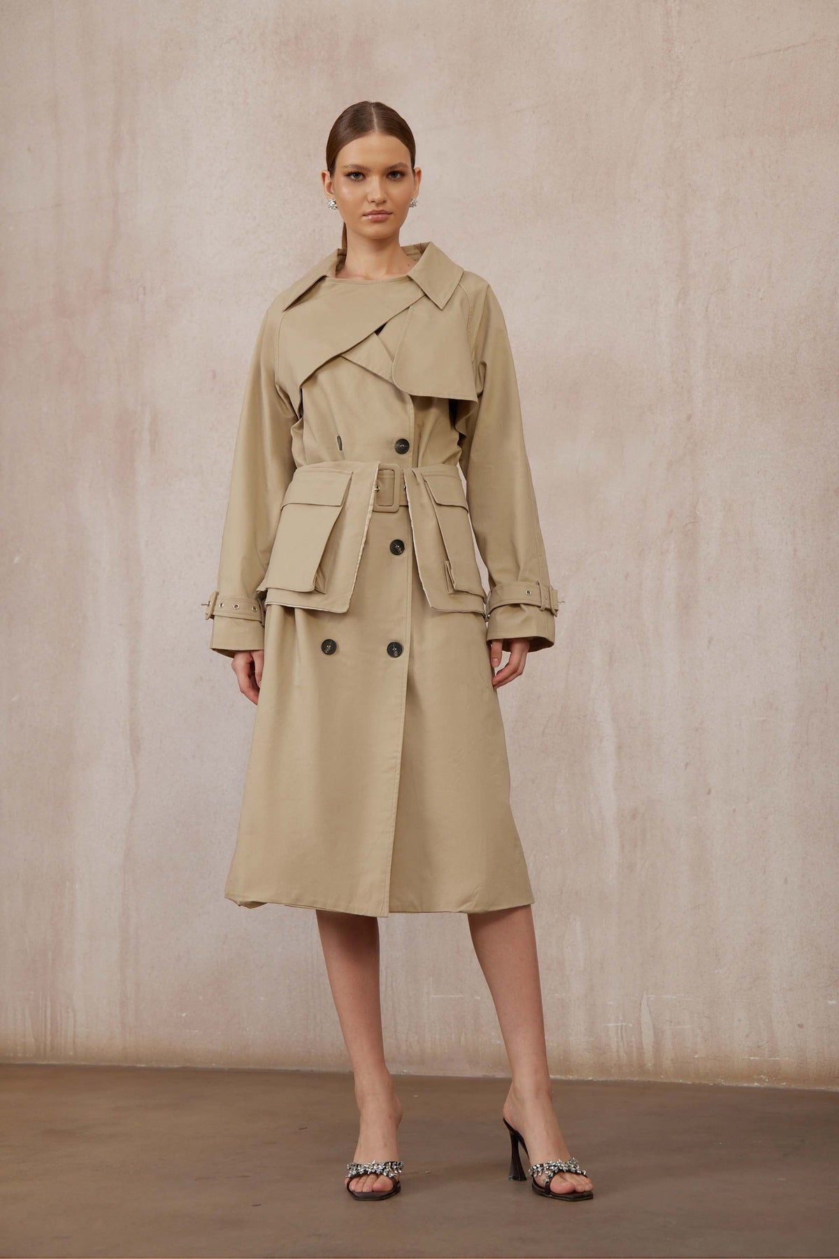 Raquel Khaki Asymmetrical Long Trench Coat