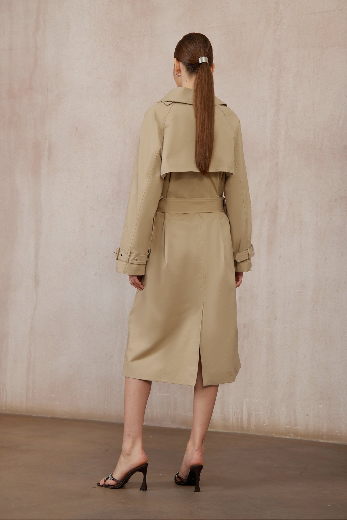 Raquel Khaki Asymmetrical Long Trench Coat