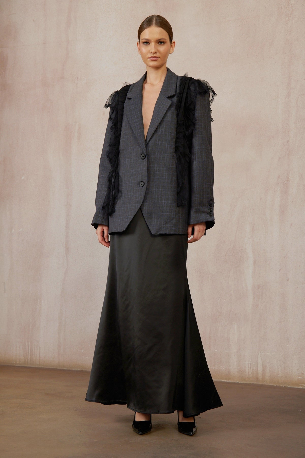 Rebecca Grey Lace Panel Plaid Blazer