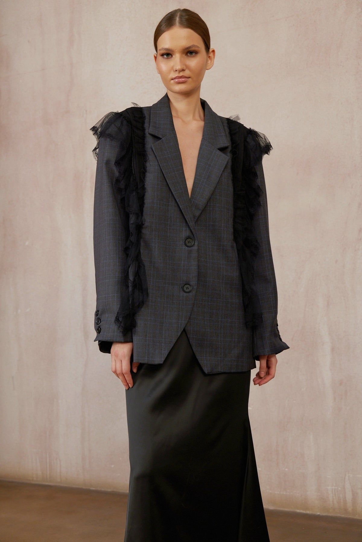 Rebecca Grey Lace Panel Plaid Blazer
