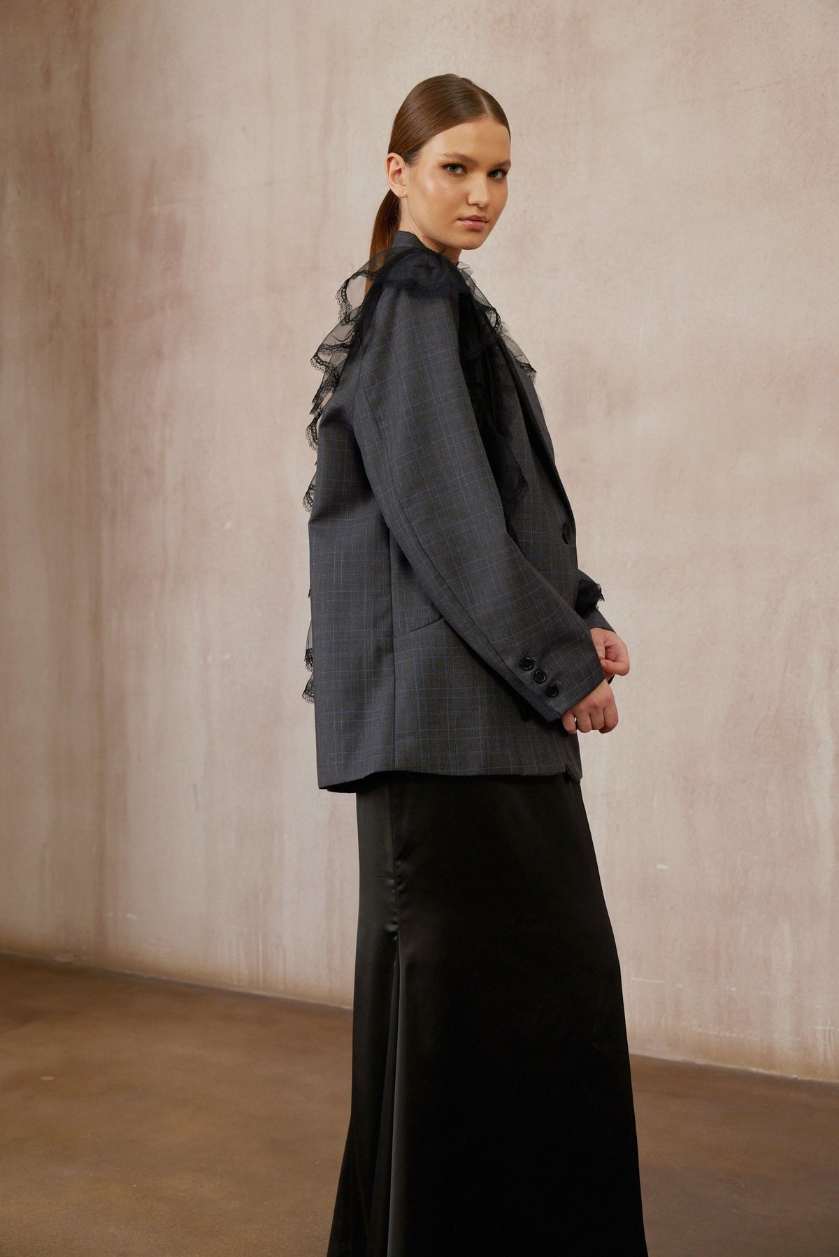 Rebecca Grey Lace Panel Plaid Blazer