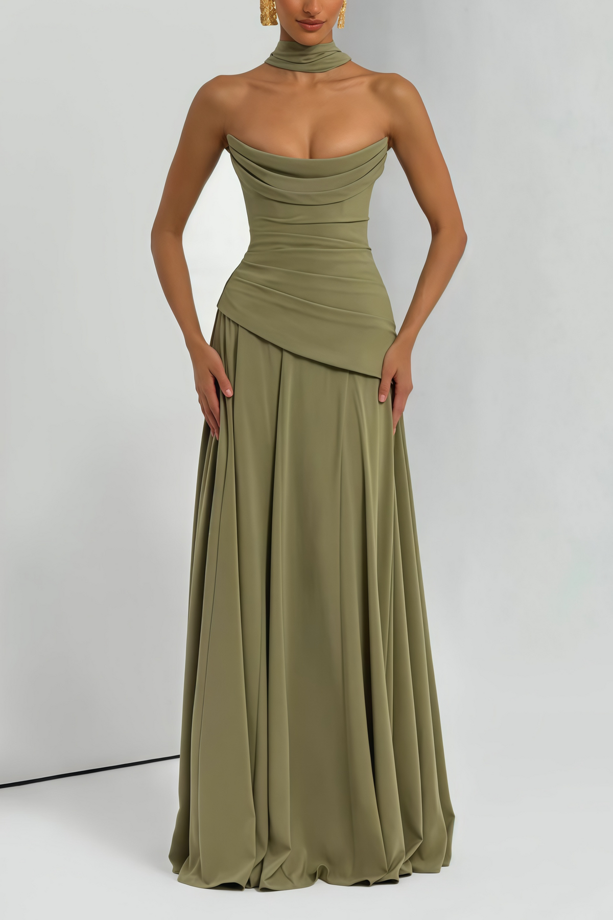 Romane Green Strapless Corset Chiffon Maxi Dress
