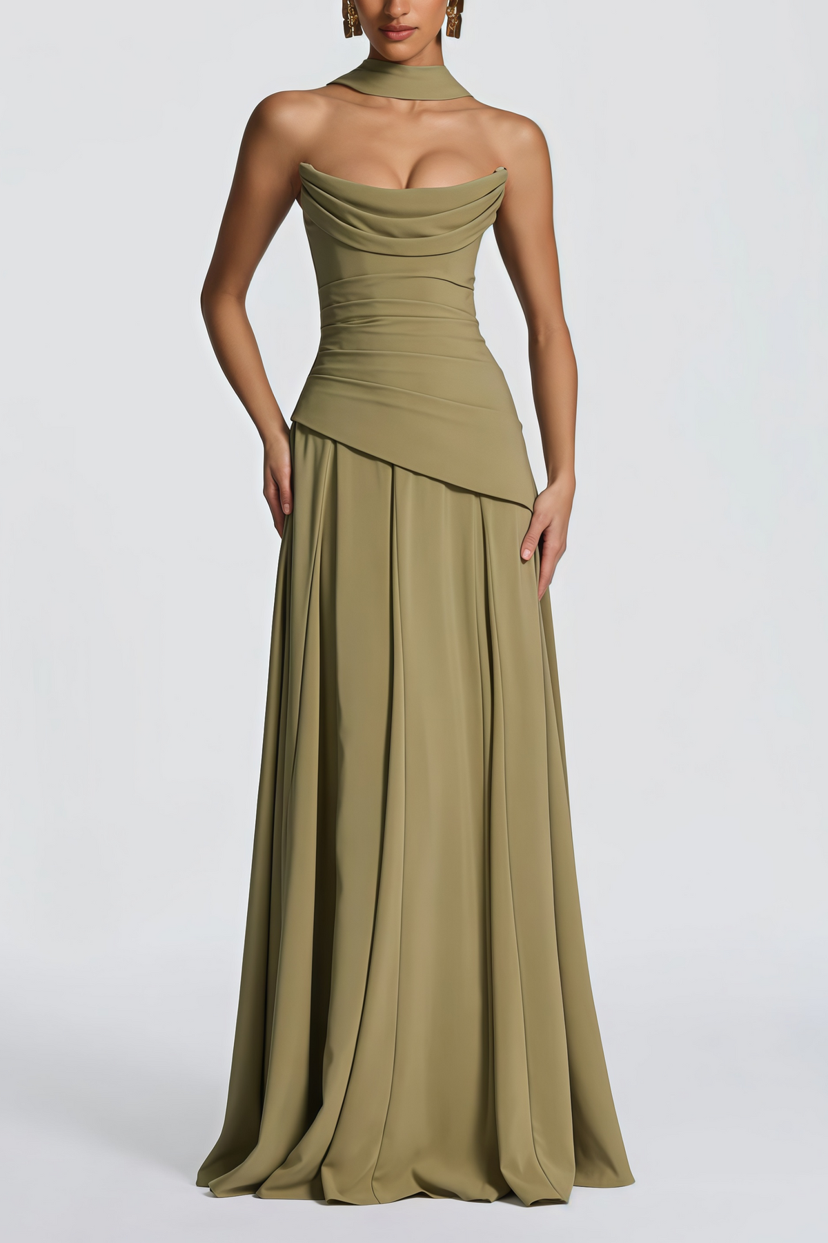 Romane Green Strapless Corset Chiffon Maxi Dress