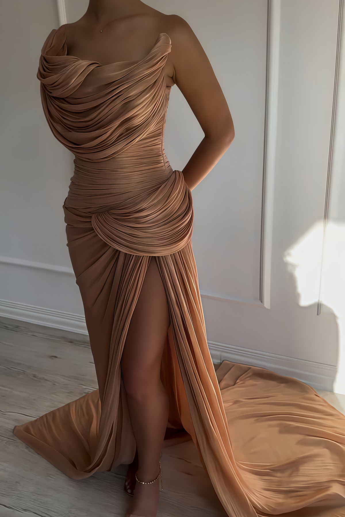 Gelsomina Gold Asymmetrical Glossy Gathered Maxi Dress