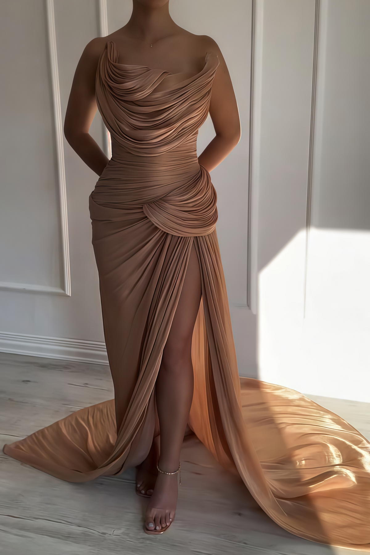 Gelsomina Gold Asymmetrical Glossy Gathered Maxi Dress