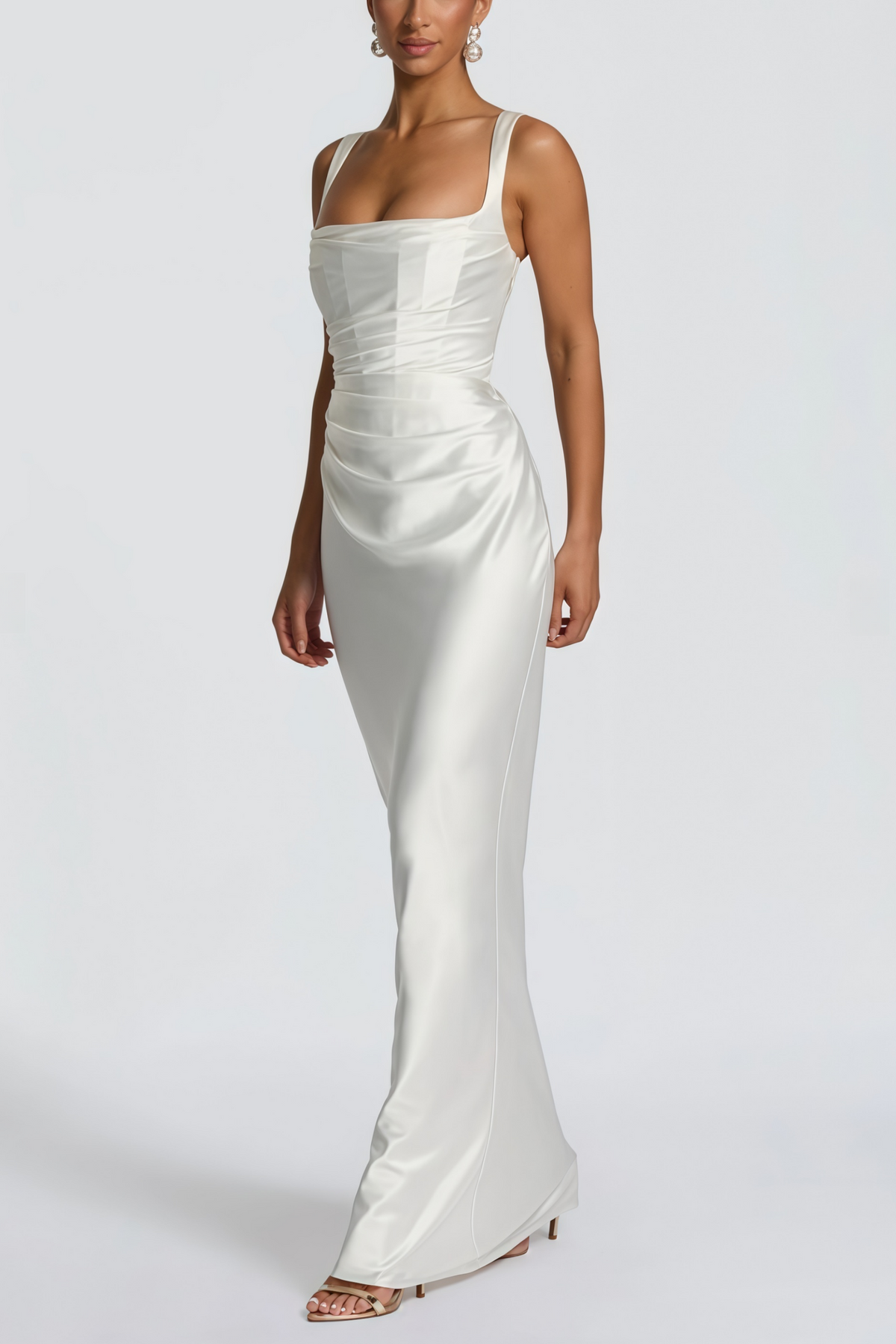 Inmaculada White Ruched Satin Maxi Dress (Without Gloves) (Final Sale-US Only)