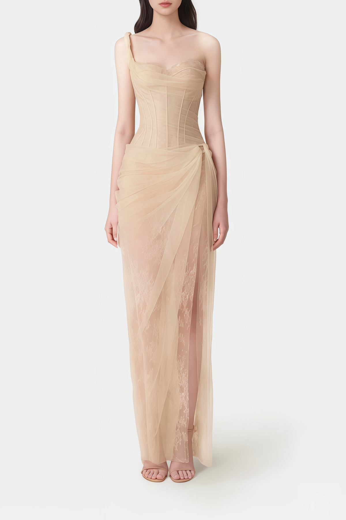 Juno Neutral Pleated Mesh Midi Dress