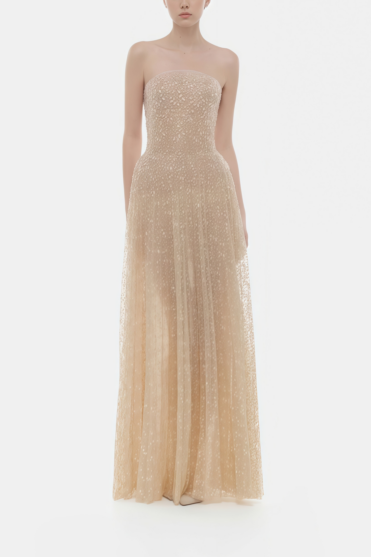 Ginetta Neutral Sequined Floral Lace Maxi Dress