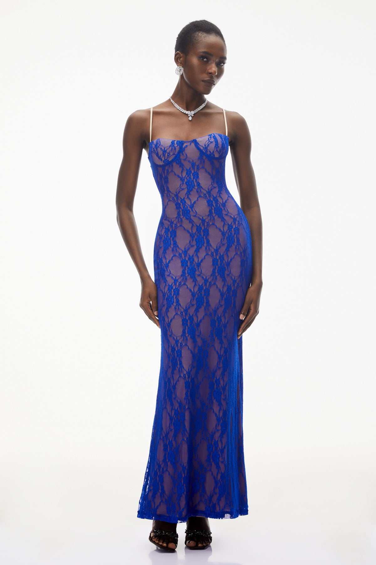 Emilia Navy Blue Floral Lace Maxi Dress