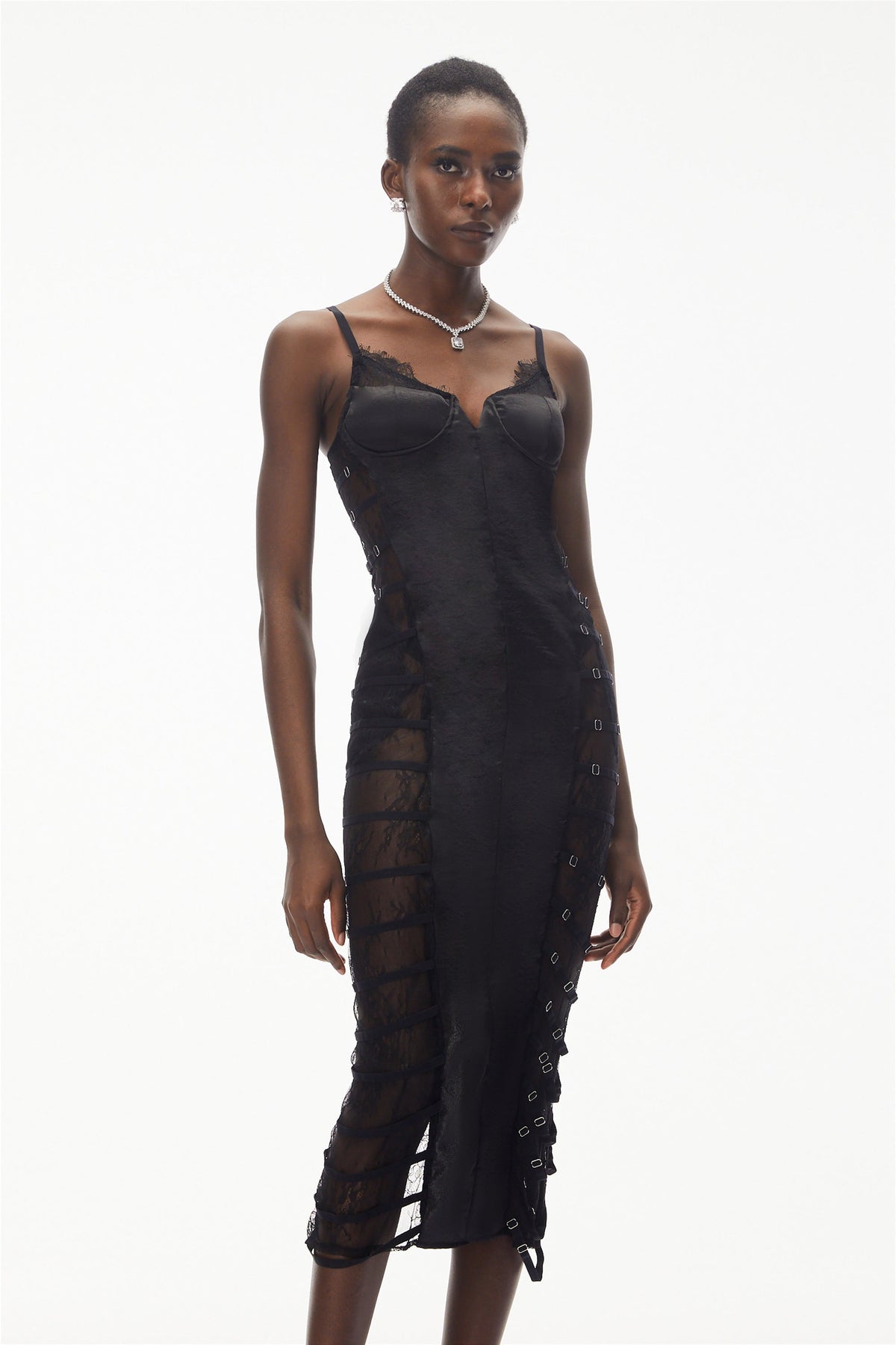 Melora Black Floral Lace Semi-Sheer Midi Dress