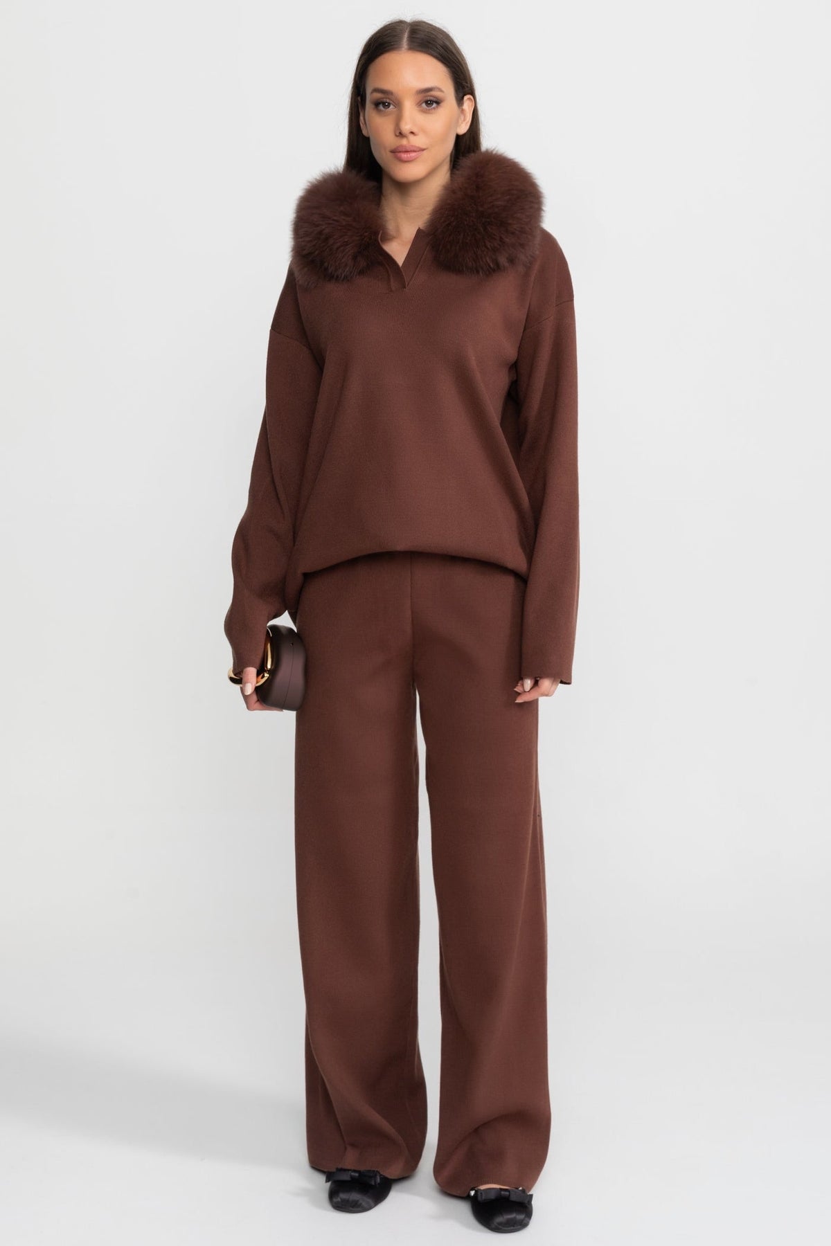 Knit Lounge Co-Ord Set with Fox Fur Collar – Brown