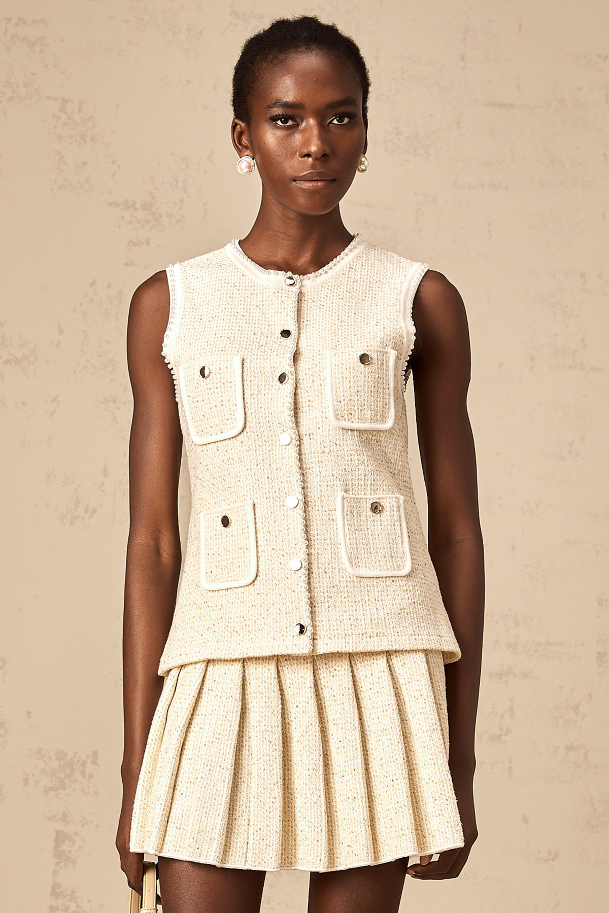 Hélène beige sequined knit vest top & skirt matching set (Final Sale-US Only)
